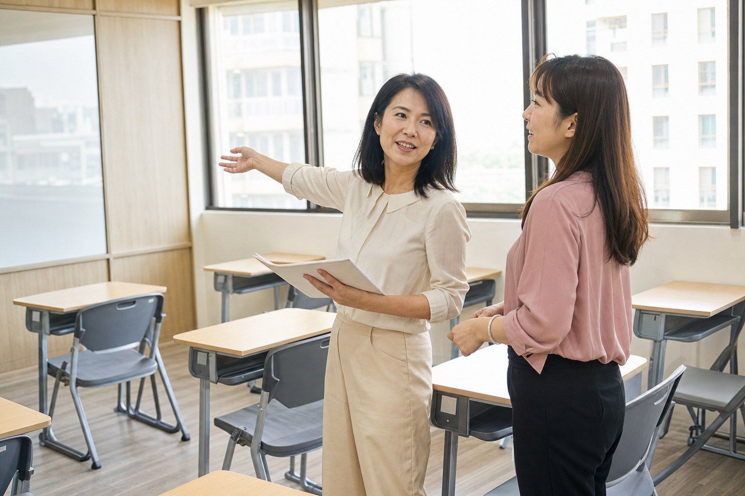 顧問與教育機構人員在教室確認錄課需求